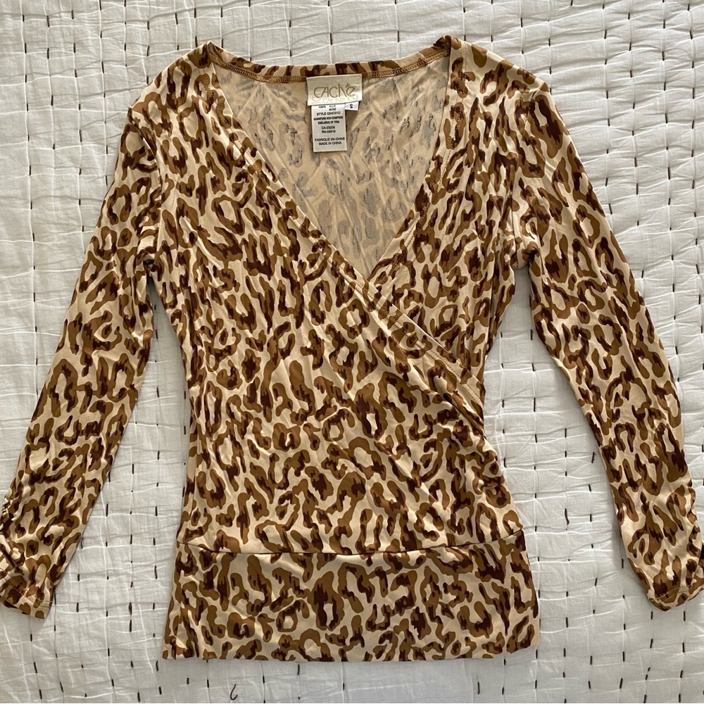 Cache Leopard Print Cross-Front Silk Blouse Size S - image 1